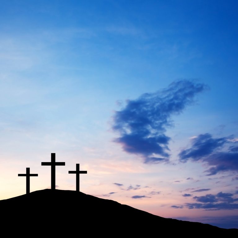 Three cross on the hill, Jesus Christ from the Bible. Easter, Religion. Salvation of sins, sacrifice